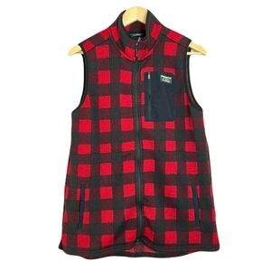 LL Bean Sweater Fleece Long Vest Womens Med Red Buffalo Plaid Full Zip Pockets